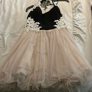 Backless Party Dress- Black with white bedazzled Design Lace bottom